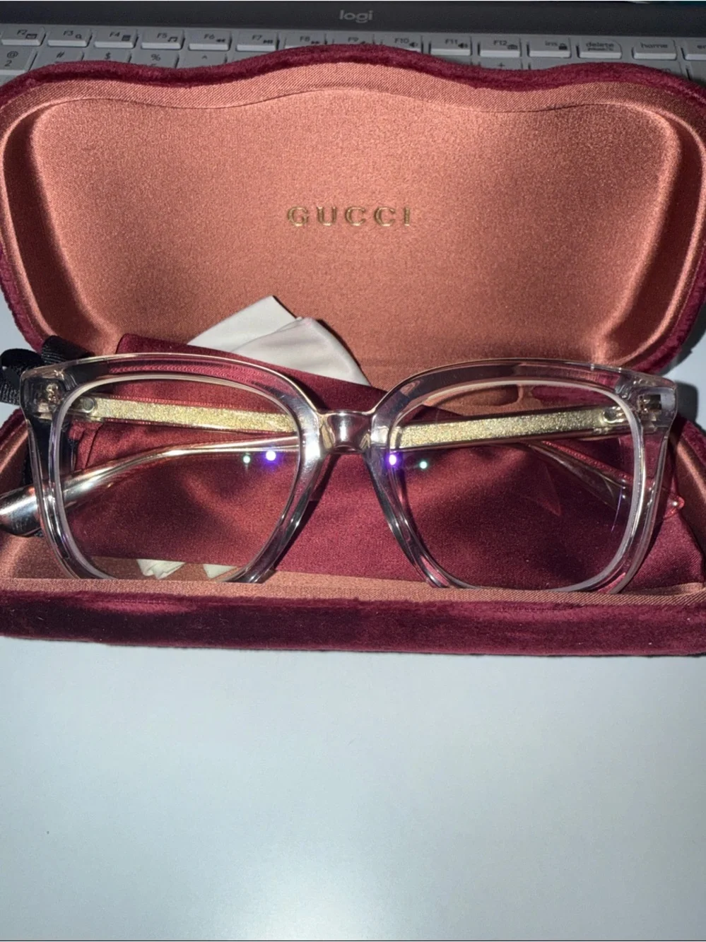 Authentic Gucci crystal and gold-tone square eyeglasses